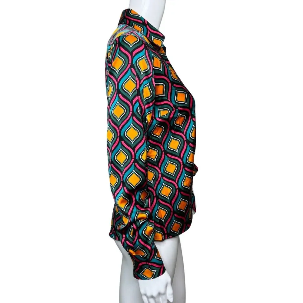 Cupcakes and Cashmere Shirt Womens Small Blue Orange Geometric Satin‎ Colorful